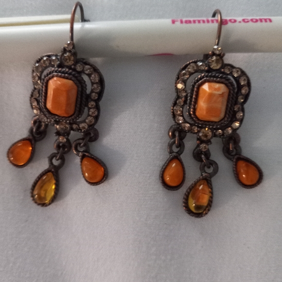 Vintage Orange Stone Brown Cubic Zirconia Dangle Earrings with Clasp Backing - Picture 9 of 12